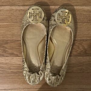 Tory Burch Metallic Gold Snake-Embossed Flats